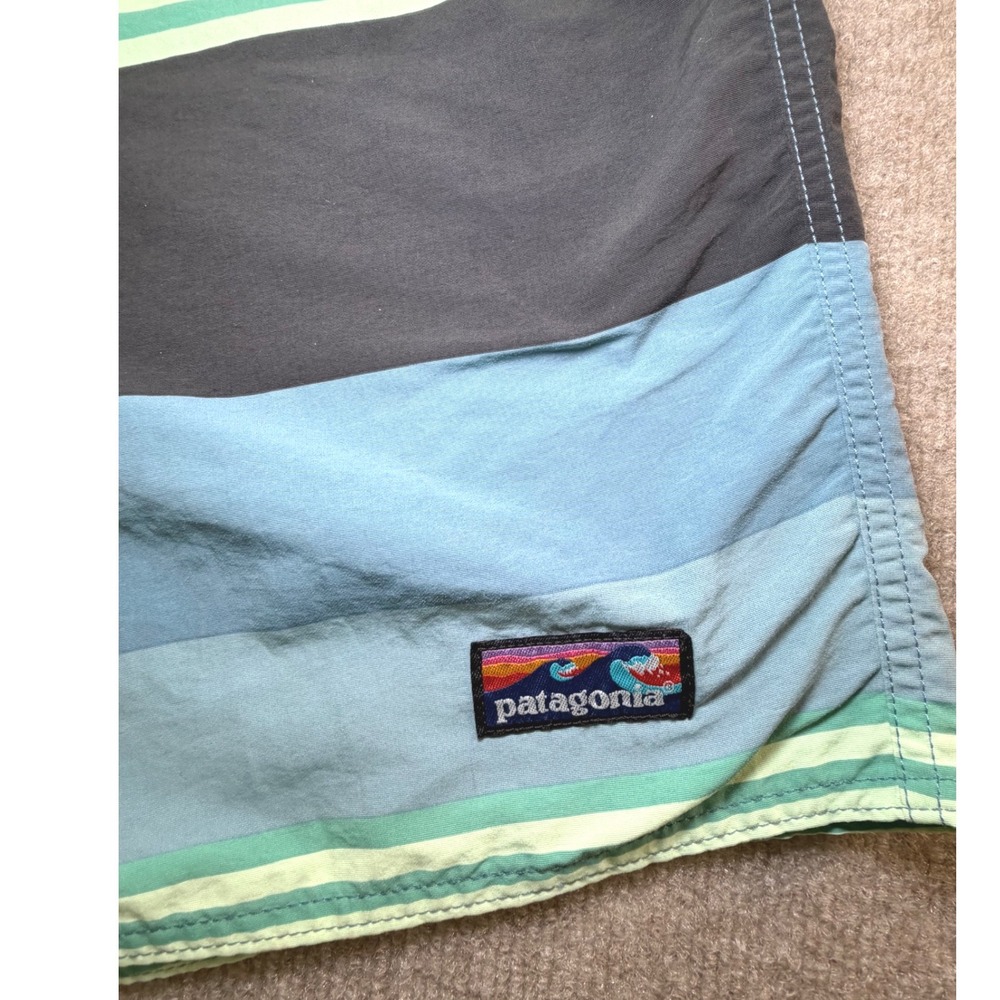 Patagonia Mens Board Shorts Size 35 Blue Green Stripe Recycled Nylon Swim Trunks - Picture 2 of 7